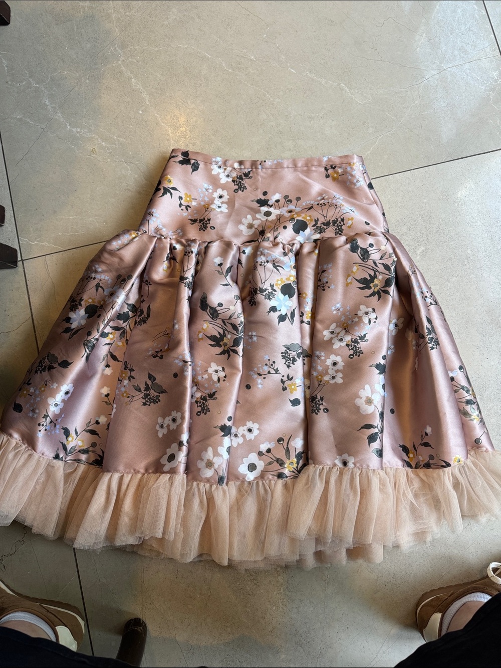 Rochas Blush Pink Floral Satin Skirt with Tulle Hem